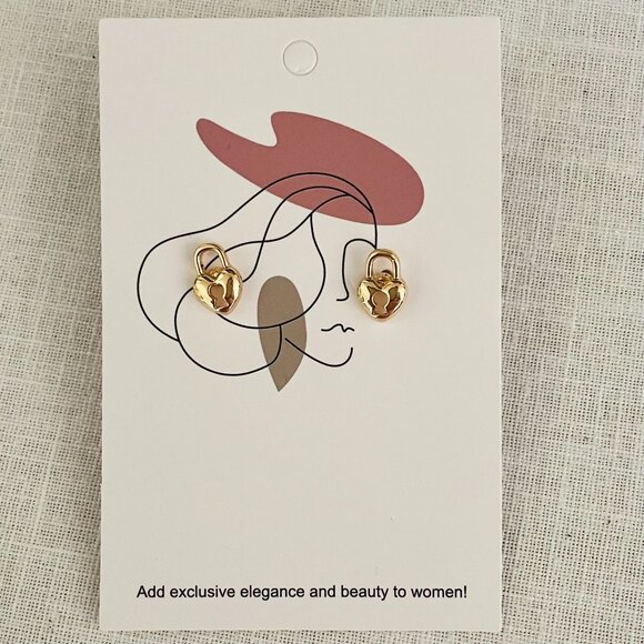 Small Stud Goldtone Heart Lock Stud Earrings Minimalist Academia Cute - Picture 3 of 10